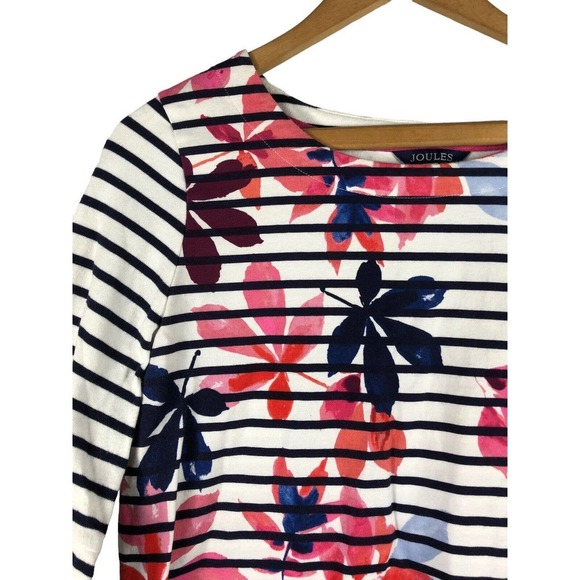 Joules Shirt Knit Top US 8 / UK 12 Stripe 3/4 Sleeve Floral White Blue Pink - Picture 4 of 9